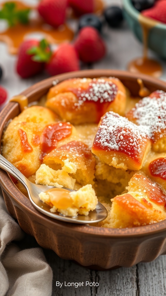 A bowl of biscuits bread pudding dusted with powdered sugar, garnished with berries and caramel sauce.